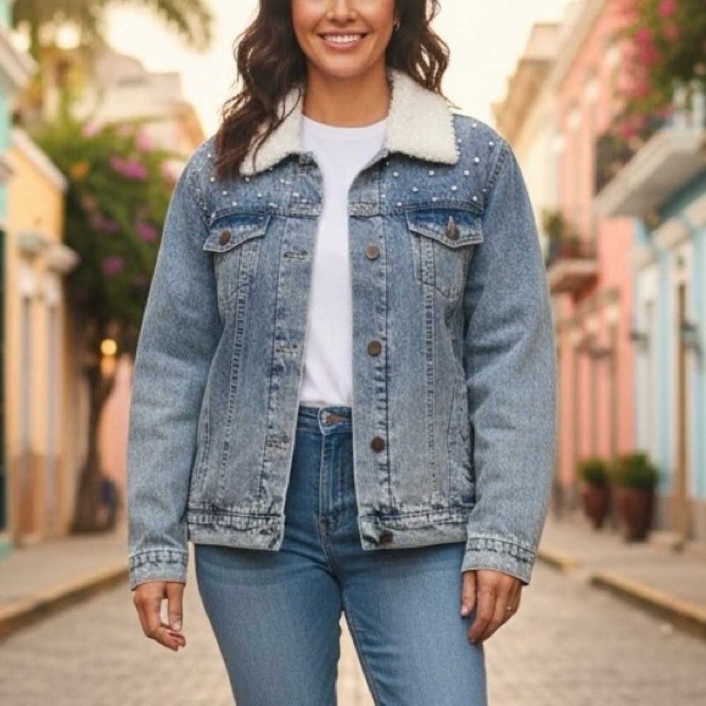 Forever 21 Blue Jean Jacket with Faux Fur Collar and Pearl Embellishments